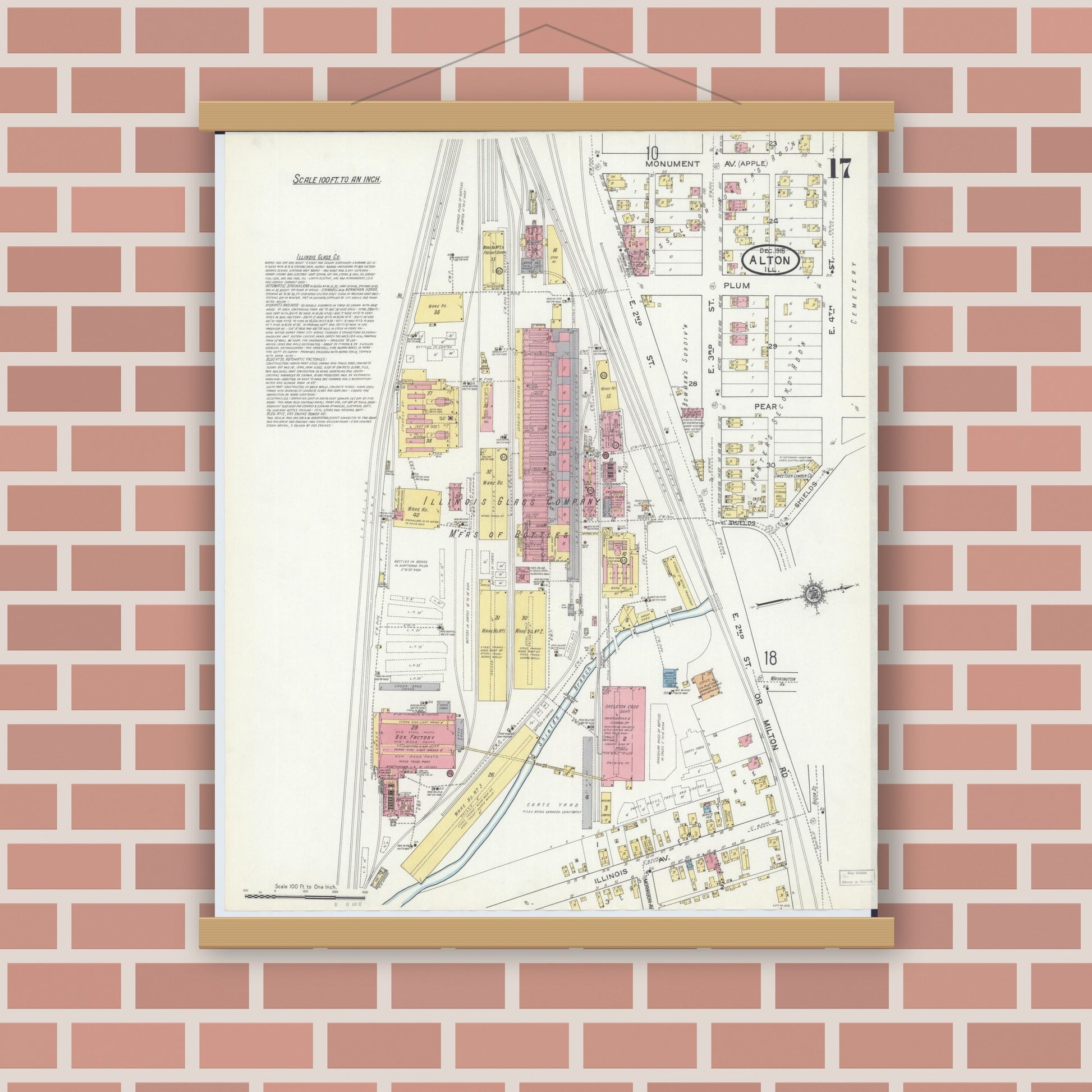 Old map wall art mockup — magnetic wood frame on brick wall — Sanborn Fire Insurance Map from Alton, Madison County, Illinois (1915), Sheet #0017