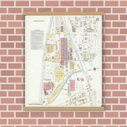 Old map wall art mockup — magnetic wood frame on brick wall — Sanborn Fire Insurance Map from Alton, Madison County, Illinois (1915), Sheet #0017