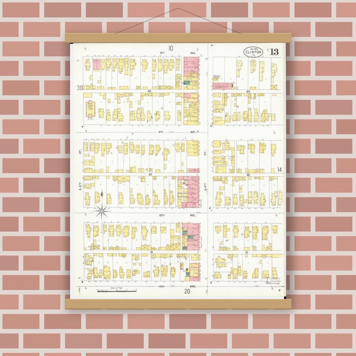 Old map wall art mockup — magnetic wood frame on brick wall — Sanborn Fire Insurance Map from Clinton, Clinton County, Iowa (1902), Sheet #0013