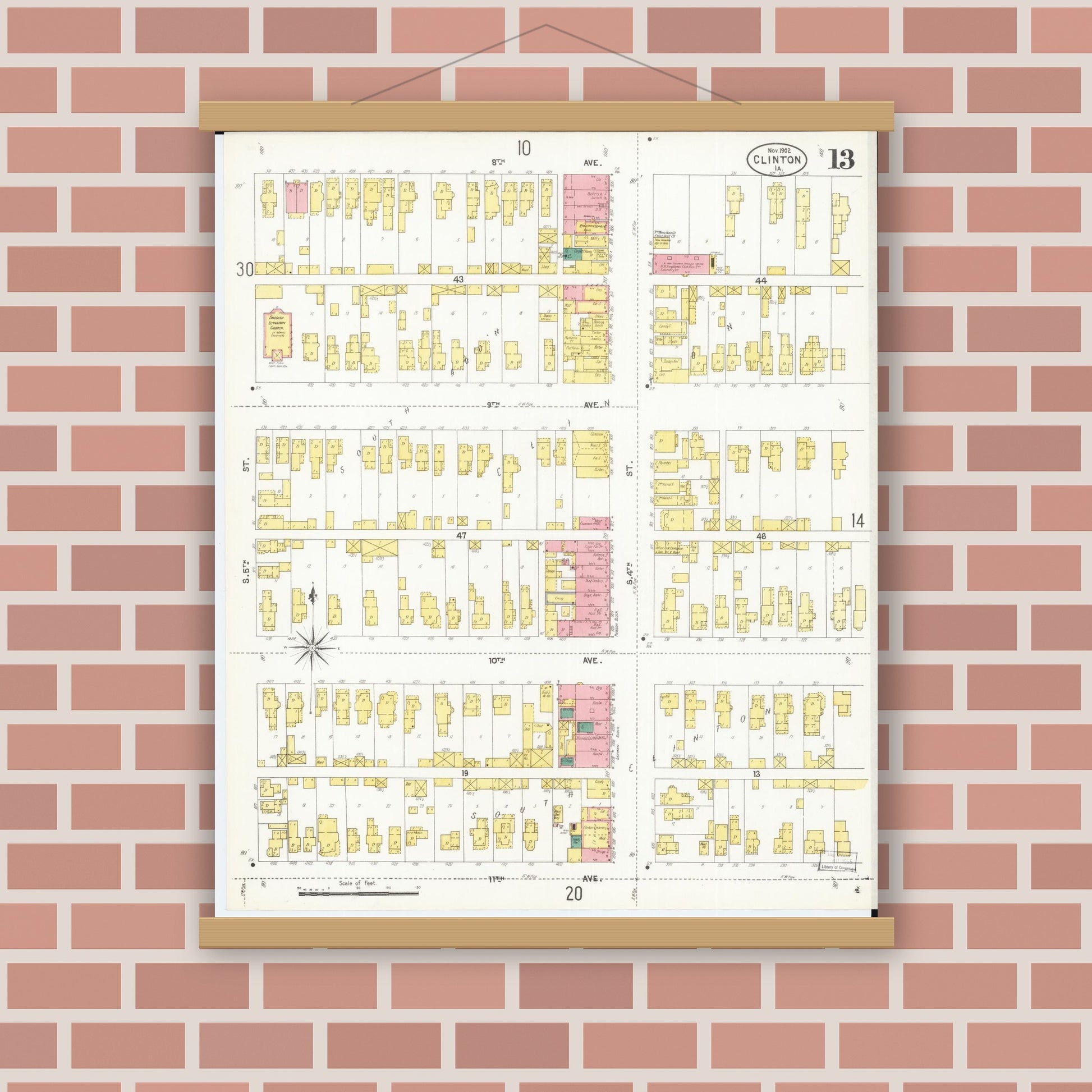 Old map wall art mockup — magnetic wood frame on brick wall — Sanborn Fire Insurance Map from Clinton, Clinton County, Iowa (1902), Sheet #0013