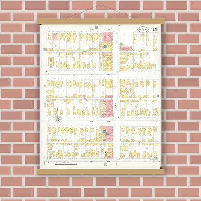 Old map wall art mockup — magnetic wood frame on brick wall — Sanborn Fire Insurance Map from Clinton, Clinton County, Iowa (1902), Sheet #0013