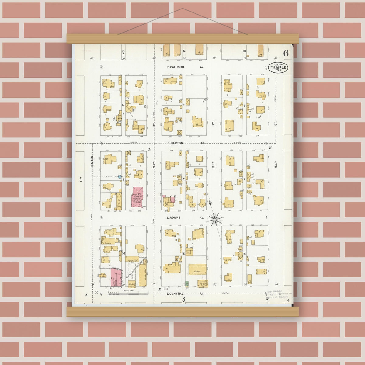 Old map wall art mockup — magnetic wood frame on brick wall — Sanborn Fire Insurance Map from Temple, Bell County, Texas (1900), Sheet #0006
