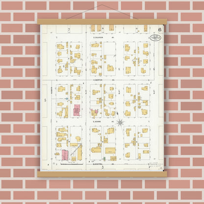 Old map wall art mockup — magnetic wood frame on brick wall — Sanborn Fire Insurance Map from Temple, Bell County, Texas (1900), Sheet #0006