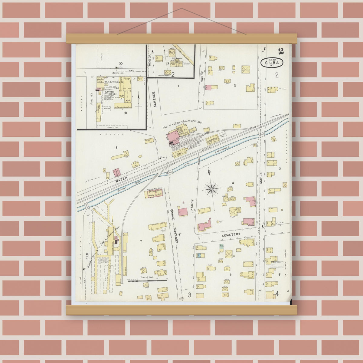Old map wall art mockup — magnetic wood frame on brick wall — Sanborn Fire Insurance Map from Cuba, Allegany County, New York (1897), Sheet #0002