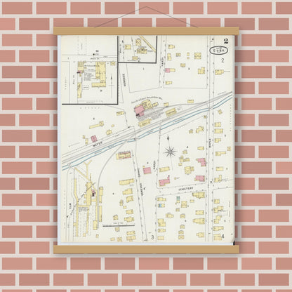 Old map wall art mockup — magnetic wood frame on brick wall — Sanborn Fire Insurance Map from Cuba, Allegany County, New York (1897), Sheet #0002