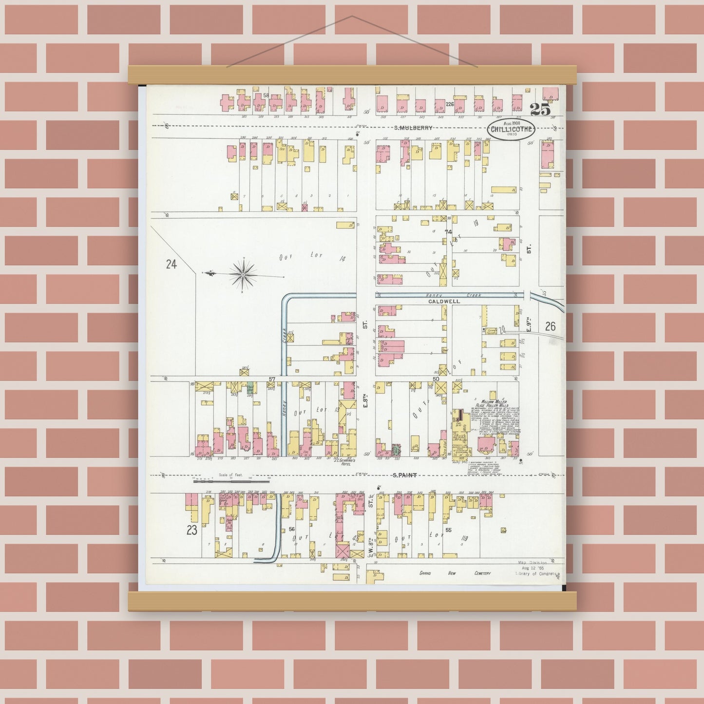 Old map wall art mockup — magnetic wood frame on brick wall — Sanborn Fire Insurance Map from Chillicothe, Ross County, Ohio (1900), Sheet #0025
