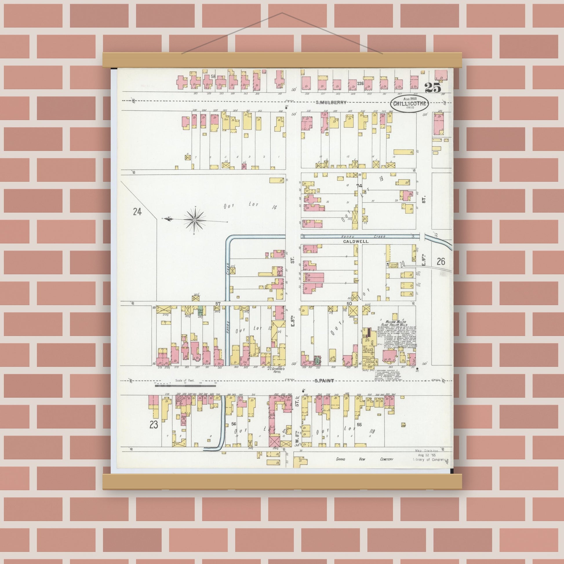Old map wall art mockup — magnetic wood frame on brick wall — Sanborn Fire Insurance Map from Chillicothe, Ross County, Ohio (1900), Sheet #0025