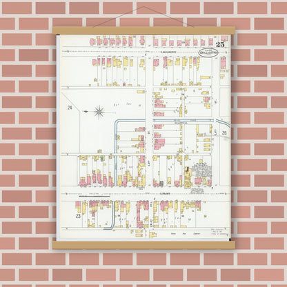 Old map wall art mockup — magnetic wood frame on brick wall — Sanborn Fire Insurance Map from Chillicothe, Ross County, Ohio (1900), Sheet #0025