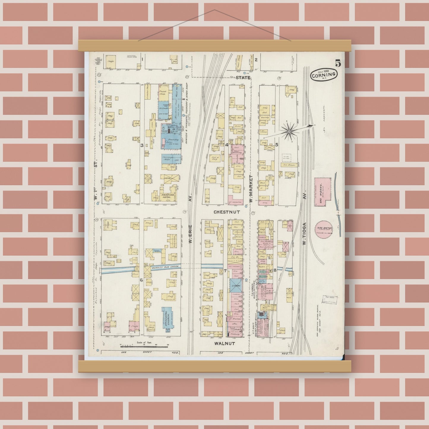 Old map wall art mockup — magnetic wood frame on brick wall — Sanborn Fire Insurance Map from Corning, Steuben County, New York (1888), Sheet #0005