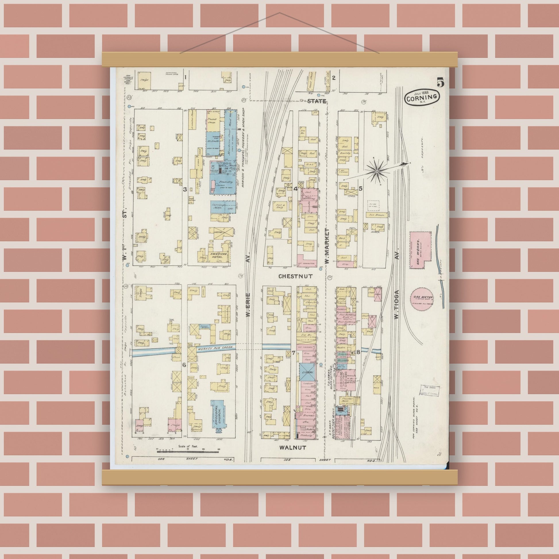 Old map wall art mockup — magnetic wood frame on brick wall — Sanborn Fire Insurance Map from Corning, Steuben County, New York (1888), Sheet #0005