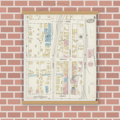 Old map wall art mockup — magnetic wood frame on brick wall — Sanborn Fire Insurance Map from Corning, Steuben County, New York (1888), Sheet #0005