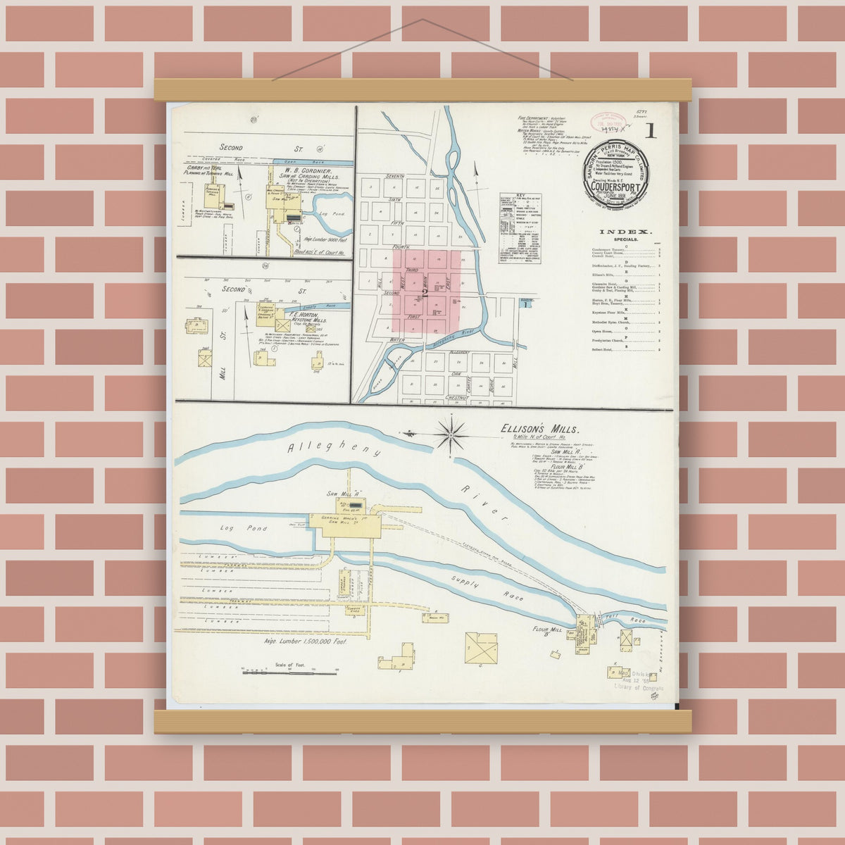 Old map wall art mockup — magnetic wood frame on brick wall — Sanborn Fire Insurance Map from Coudersport, Potter County, Pennsylvania (1891) - Complete Map Set