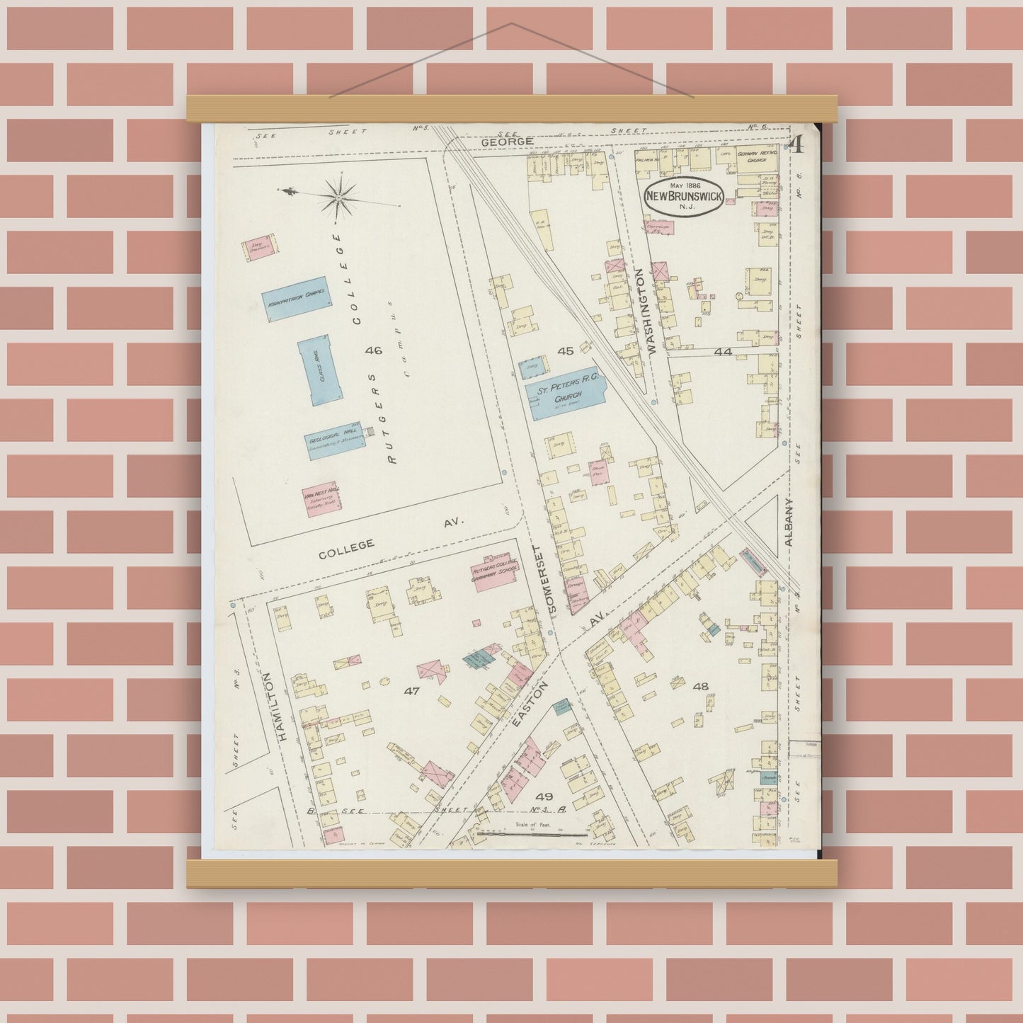 Old map wall art mockup — magnetic wood frame on brick wall — Sanborn Fire Insurance Map from New Brunswick, Middlesex County, New Jersey (1886), Sheet #0004