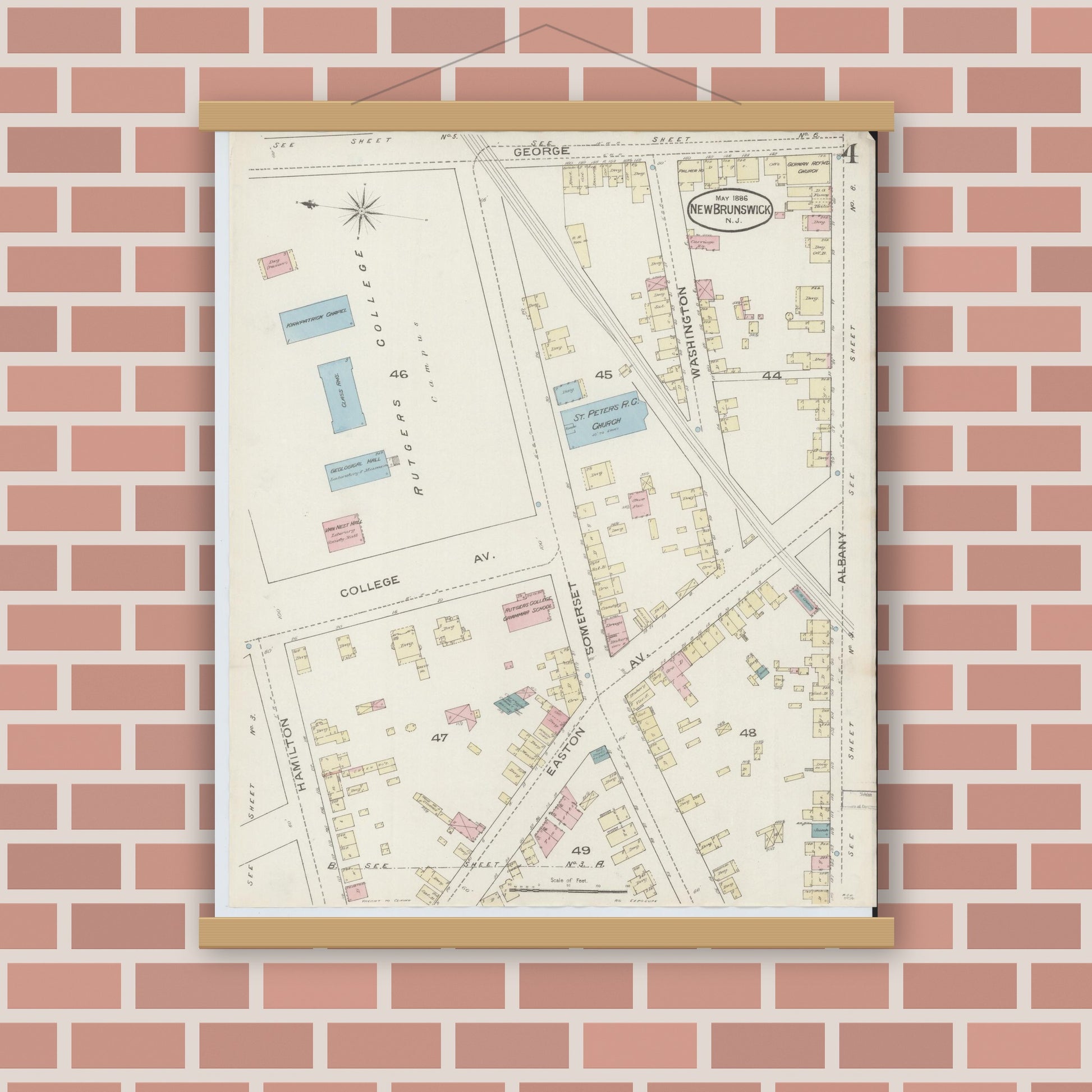 Old map wall art mockup — magnetic wood frame on brick wall — Sanborn Fire Insurance Map from New Brunswick, Middlesex County, New Jersey (1886), Sheet #0004