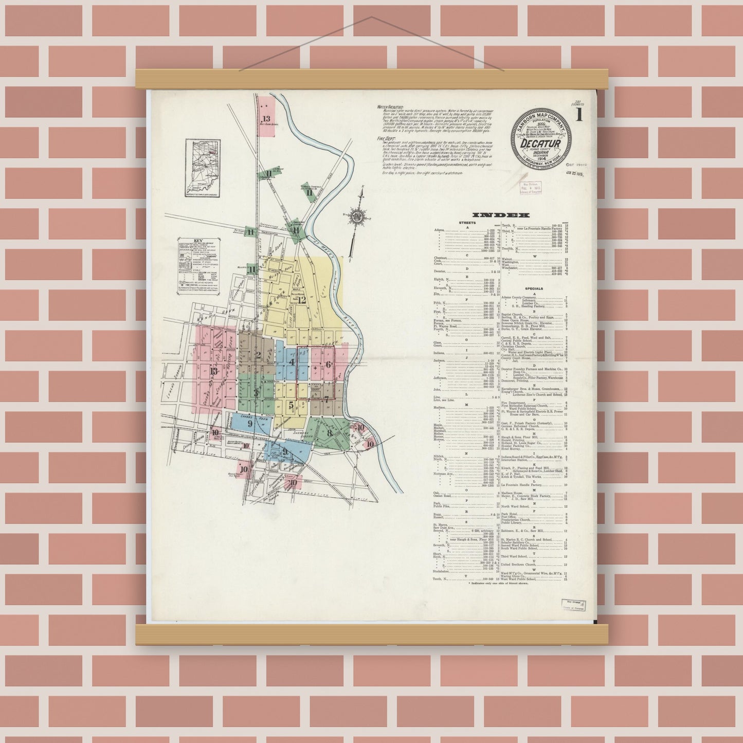 Old map wall art mockup — magnetic wood frame on brick wall — Sanborn Fire Insurance Map from Decatur, Adams County, Indiana (1914) - Complete Map Set
