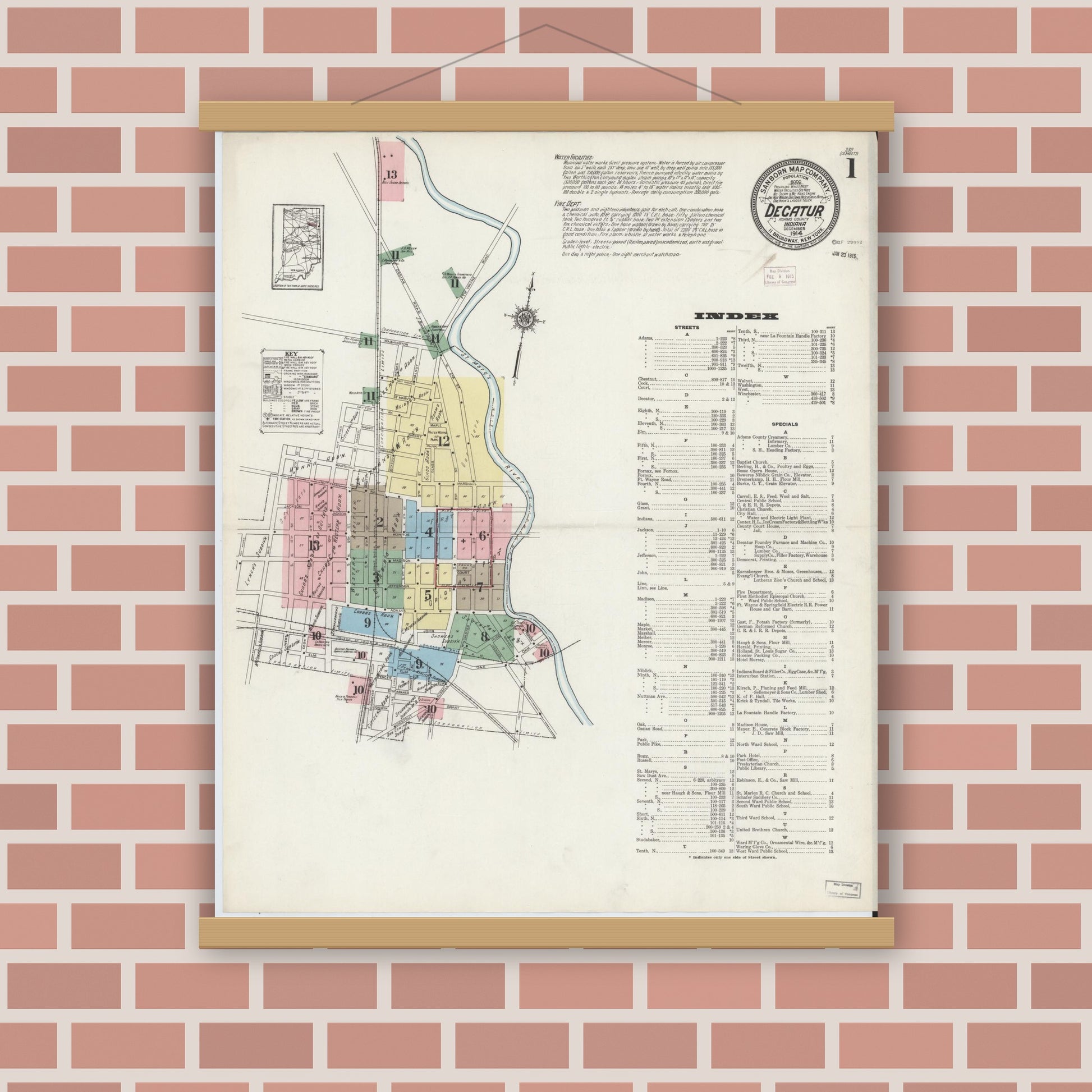 Old map wall art mockup — magnetic wood frame on brick wall — Sanborn Fire Insurance Map from Decatur, Adams County, Indiana (1914) - Complete Map Set