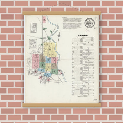 Old map wall art mockup — magnetic wood frame on brick wall — Sanborn Fire Insurance Map from Decatur, Adams County, Indiana (1914) - Complete Map Set