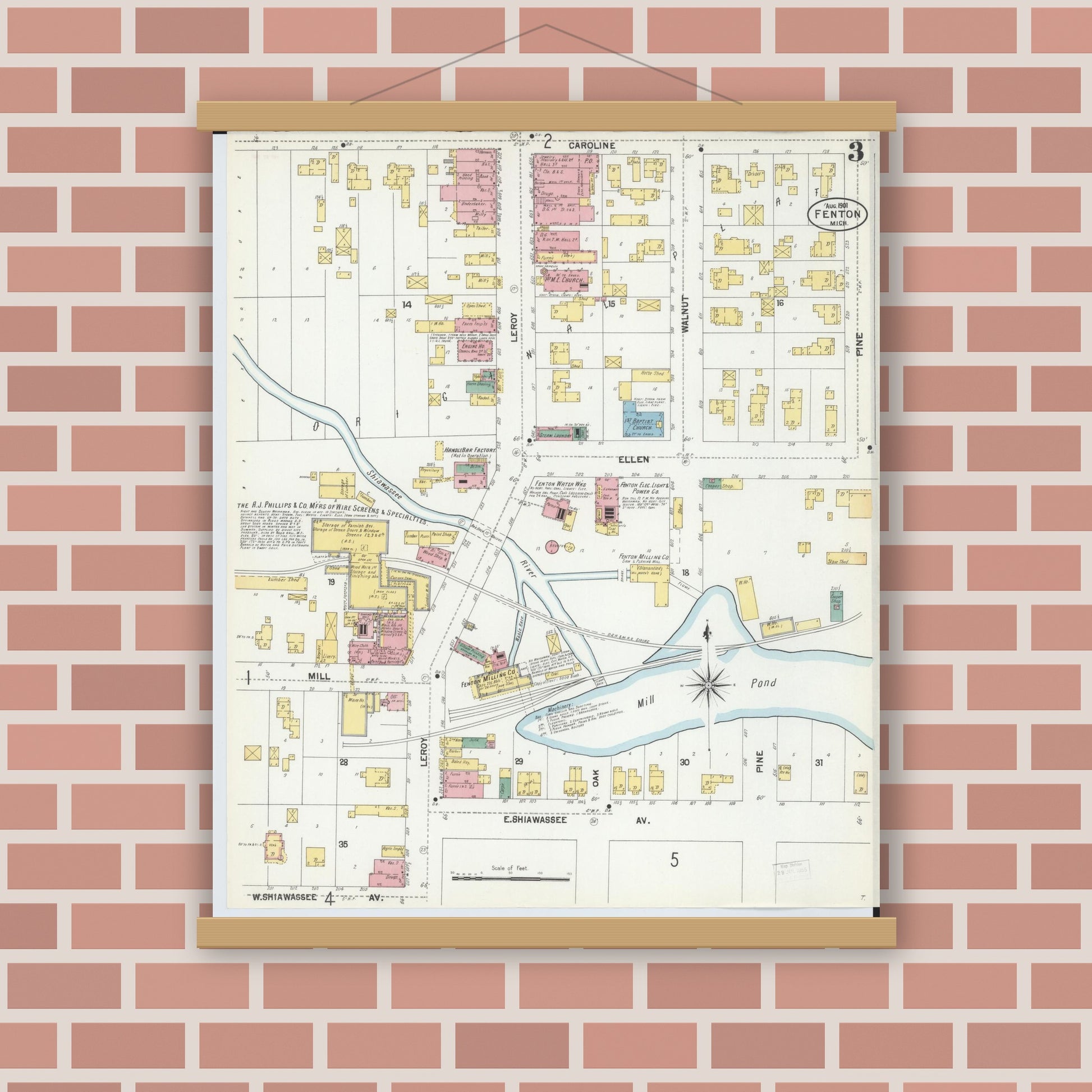 Old map wall art mockup — magnetic wood frame on brick wall — Sanborn Fire Insurance Map from Fenton, Genesee County, Michigan (1901), Sheet #0003