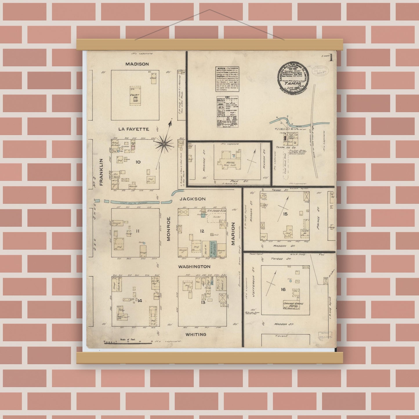 Old map wall art mockup — magnetic wood frame on brick wall — Sanborn Fire Insurance Map from Tampa, Hillsborough County, Florida (1884) - Complete Map Set
