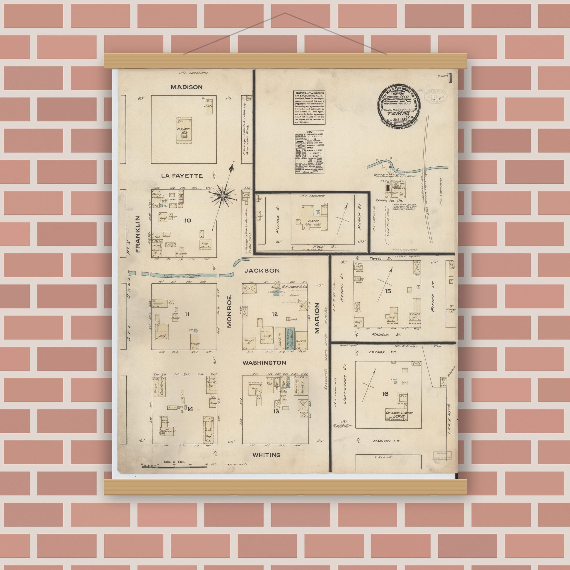 Old map wall art mockup — magnetic wood frame on brick wall — Sanborn Fire Insurance Map from Tampa, Hillsborough County, Florida (1884) - Complete Map Set