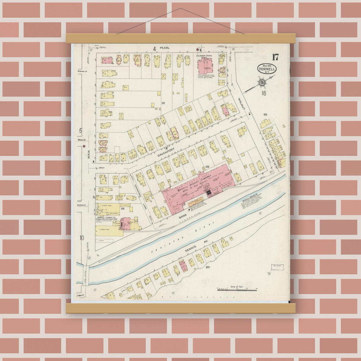 Old map wall art mockup — magnetic wood frame on brick wall — Sanborn Fire Insurance Map from Hornell, Steuben County, New York (1915), Sheet #0017