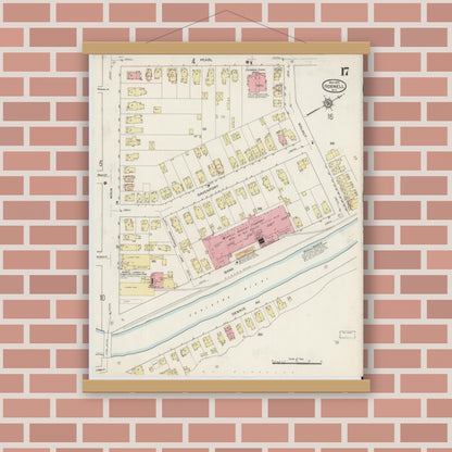 Old map wall art mockup — magnetic wood frame on brick wall — Sanborn Fire Insurance Map from Hornell, Steuben County, New York (1915), Sheet #0017