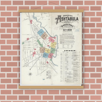 Old map wall art mockup — magnetic wood frame on brick wall — Sanborn Fire Insurance Map from Ashtabula, Ashtabula County, Ohio (1898), Sheet #0001
