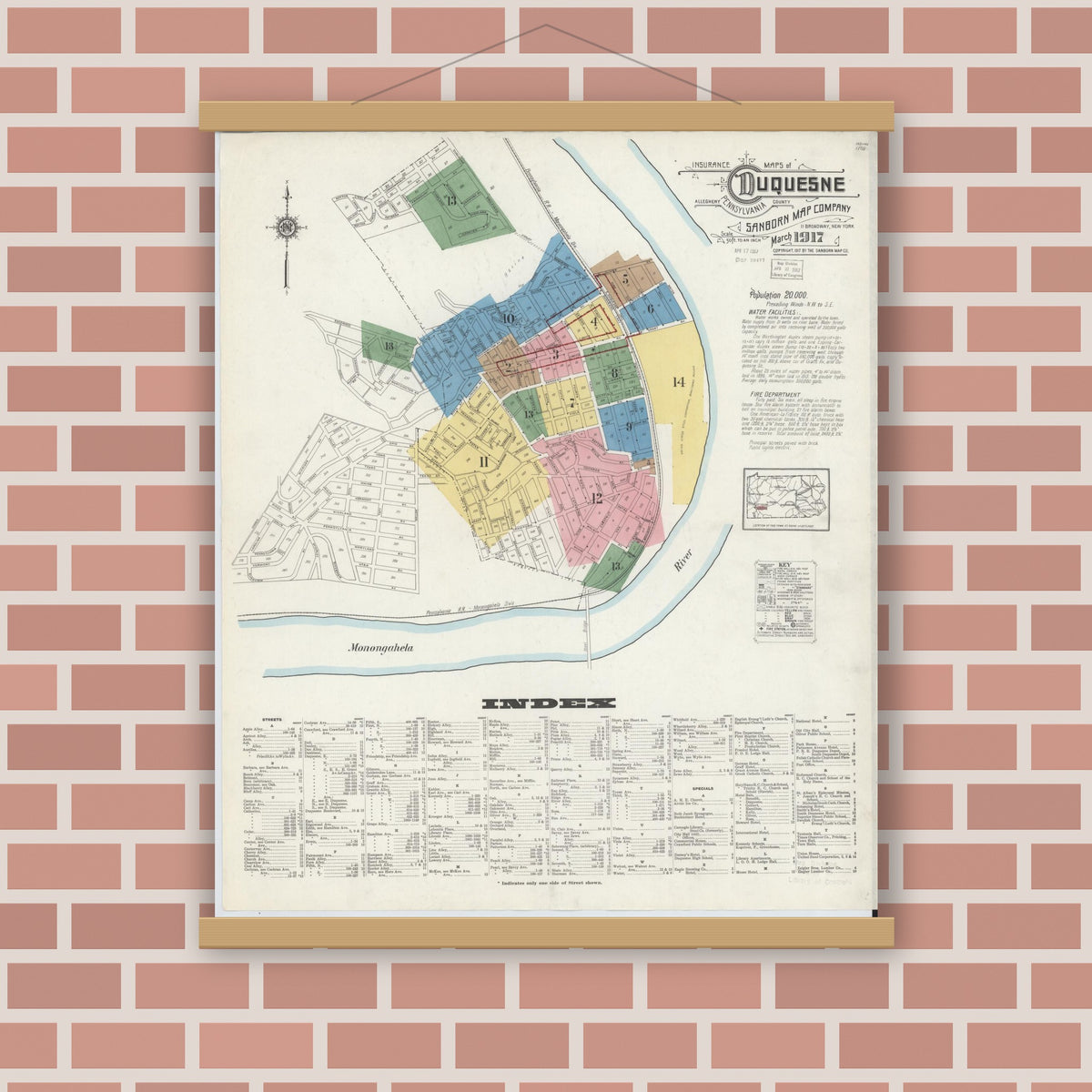 Old map wall art mockup — magnetic wood frame on brick wall — Sanborn Fire Insurance Map from Duquesne, Allegheny County, Pennsylvania (1917) - Complete Map Set