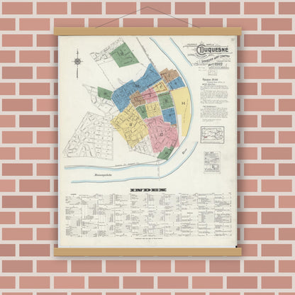 Old map wall art mockup — magnetic wood frame on brick wall — Sanborn Fire Insurance Map from Duquesne, Allegheny County, Pennsylvania (1917) - Complete Map Set