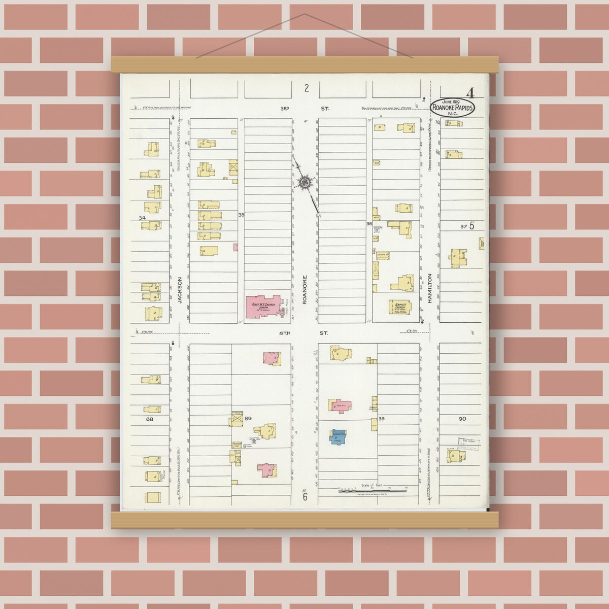 Old map wall art mockup — magnetic wood frame on brick wall — Sanborn Fire Insurance Map from Roanoke Rapids, Halifax County, North Carolina (1919), Sheet #0004