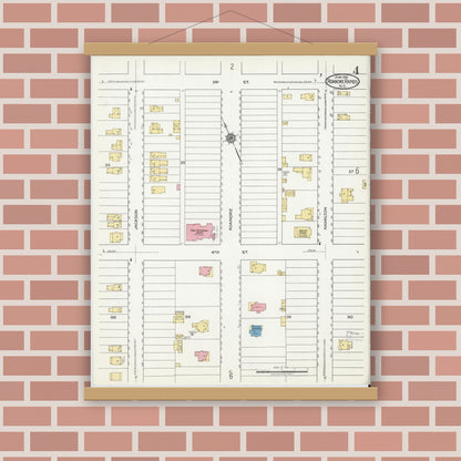 Old map wall art mockup — magnetic wood frame on brick wall — Sanborn Fire Insurance Map from Roanoke Rapids, Halifax County, North Carolina (1919), Sheet #0004