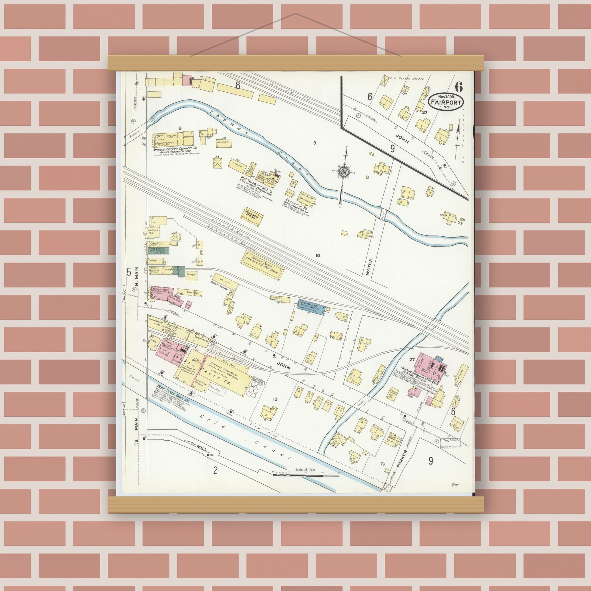 Old map wall art mockup — magnetic wood frame on brick wall — Sanborn Fire Insurance Map from Fairport, Monroe County, New York (1909), Sheet #0006