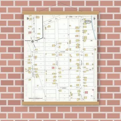 Old map wall art mockup — magnetic wood frame on brick wall — Sanborn Fire Insurance Map from Patton, Cambria County, Pennsylvania (1923), Sheet #0009