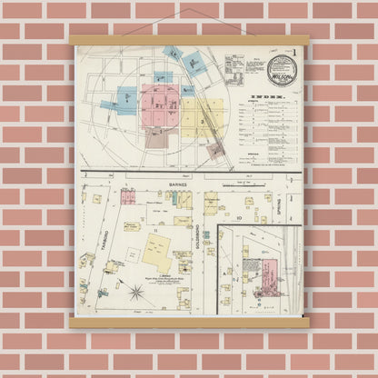 Old map wall art mockup — magnetic wood frame on brick wall — Sanborn Fire Insurance Map from Wilson, Wilson County, North Carolina (1888), Sheet #0001