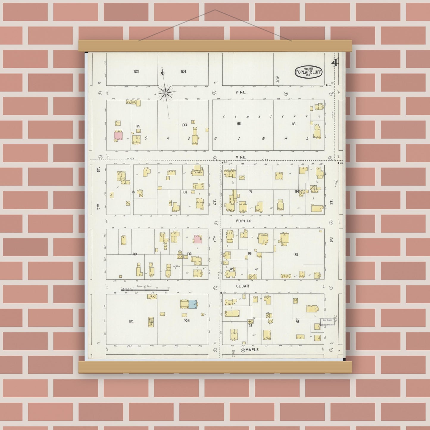 Old map wall art mockup — magnetic wood frame on brick wall — Sanborn Fire Insurance Map from Poplar Bluff, Butler County, Missouri (1895), Sheet #0004