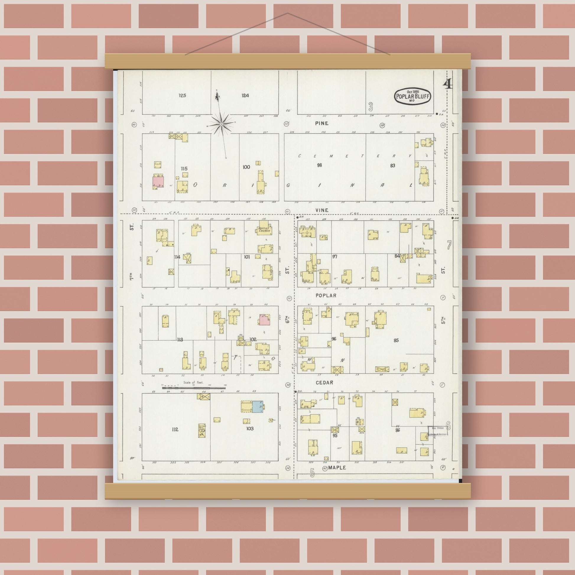 Old map wall art mockup — magnetic wood frame on brick wall — Sanborn Fire Insurance Map from Poplar Bluff, Butler County, Missouri (1895), Sheet #0004