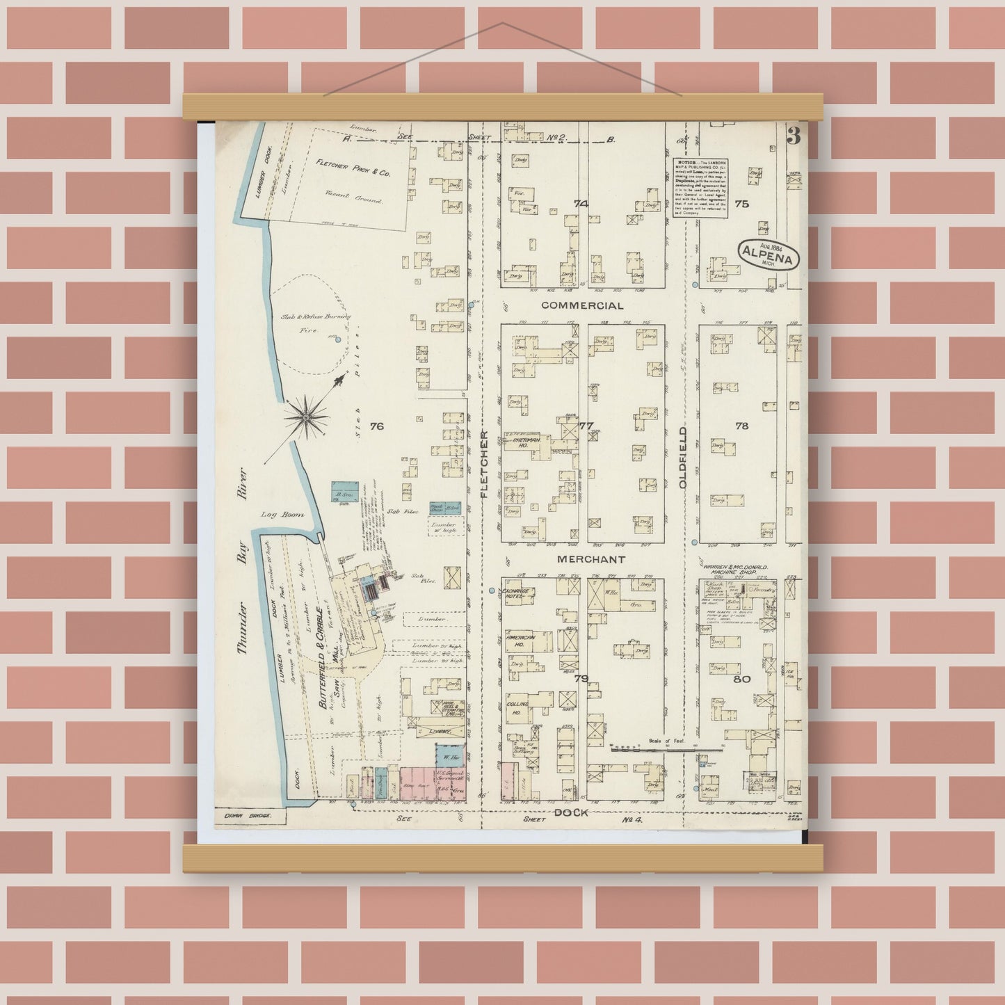 Old map wall art mockup — magnetic wood frame on brick wall — Sanborn Fire Insurance Map from Alpena, Alpena County, Michigan (1884), Sheet #0003