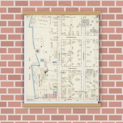 Old map wall art mockup — magnetic wood frame on brick wall — Sanborn Fire Insurance Map from Alpena, Alpena County, Michigan (1884), Sheet #0003