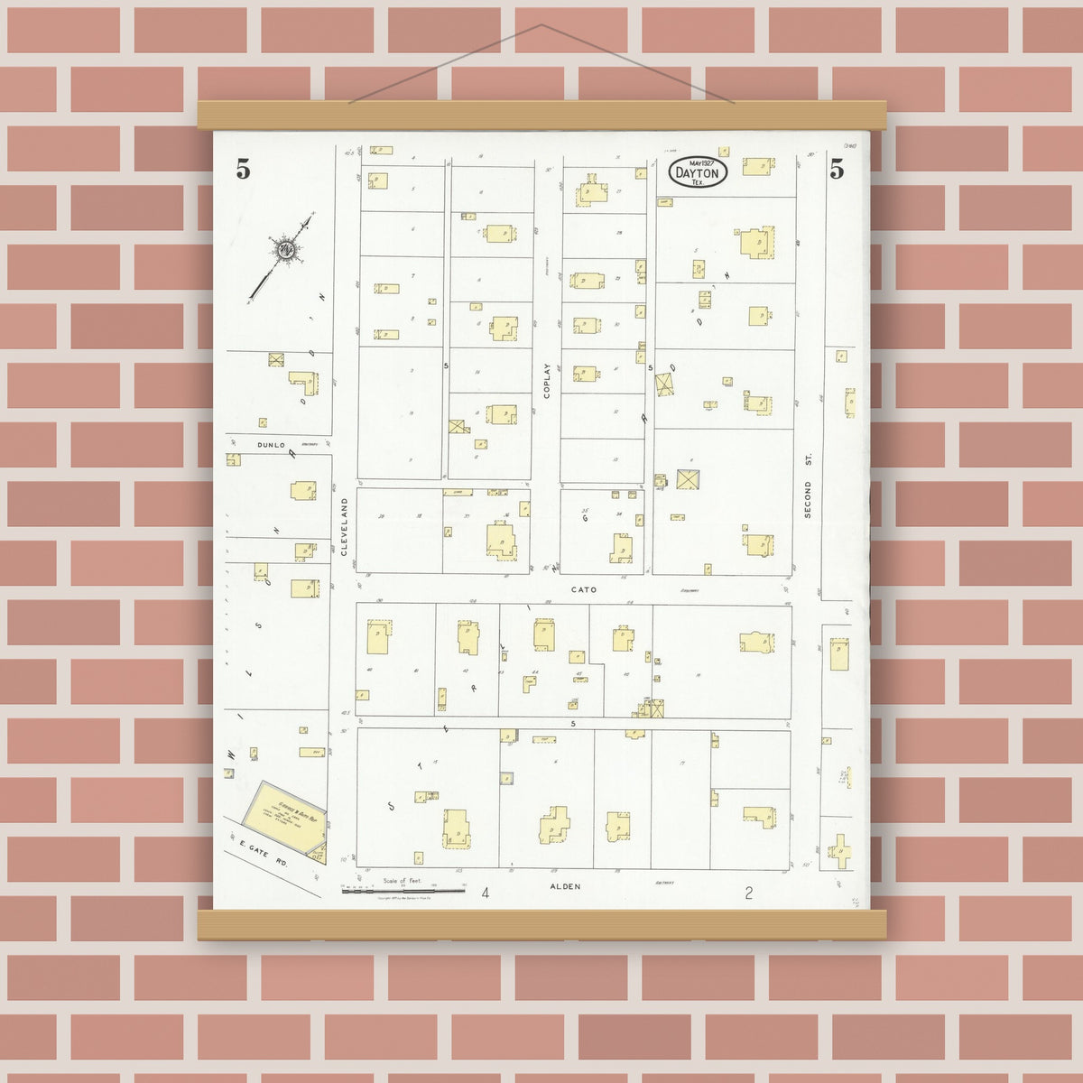 Old map wall art mockup — magnetic wood frame on brick wall — Sanborn Fire Insurance Map from Dayton, Liberty County, Texas (1927), Sheet #0005