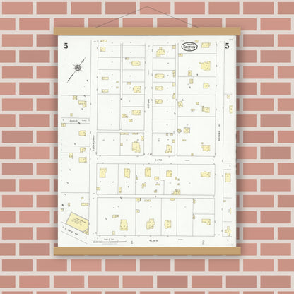 Old map wall art mockup — magnetic wood frame on brick wall — Sanborn Fire Insurance Map from Dayton, Liberty County, Texas (1927), Sheet #0005