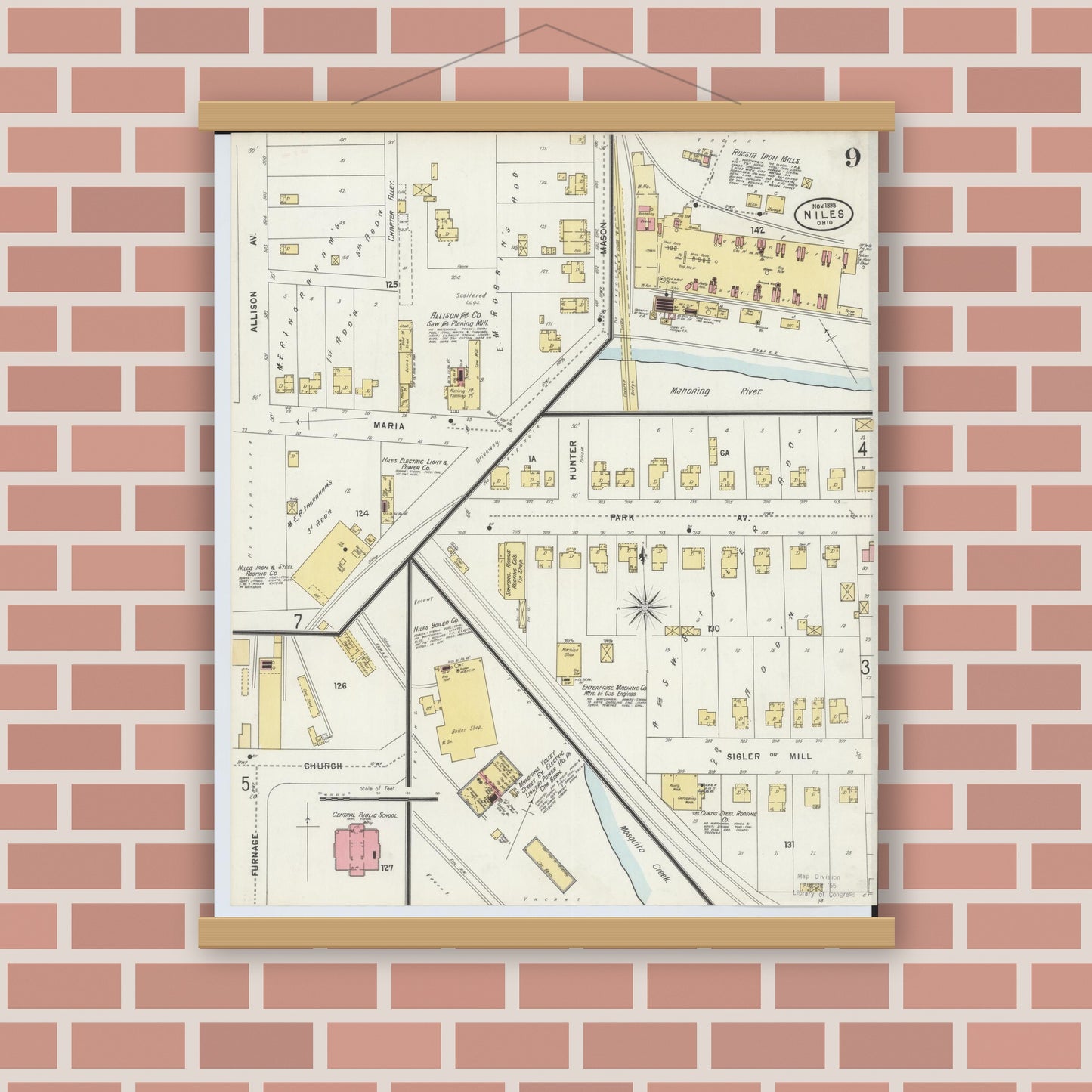 Old map wall art mockup — magnetic wood frame on brick wall — Sanborn Fire Insurance Map from Niles, Trumbull County, Ohio (1898), Sheet #0009
