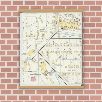 Old map wall art mockup — magnetic wood frame on brick wall — Sanborn Fire Insurance Map from Niles, Trumbull County, Ohio (1898), Sheet #0009