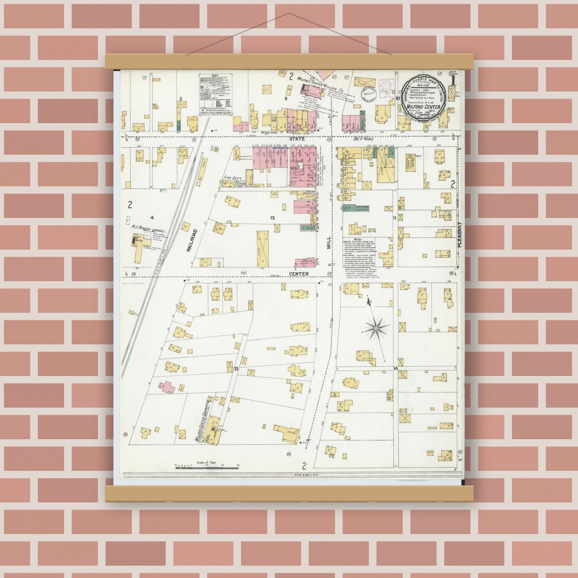 Old map wall art mockup — magnetic wood frame on brick wall — Sanborn Fire Insurance Map from Milford Center, Union County, Ohio (1901), Sheet #0001