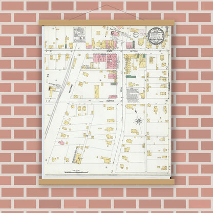Old map wall art mockup — magnetic wood frame on brick wall — Sanborn Fire Insurance Map from Milford Center, Union County, Ohio (1901), Sheet #0001