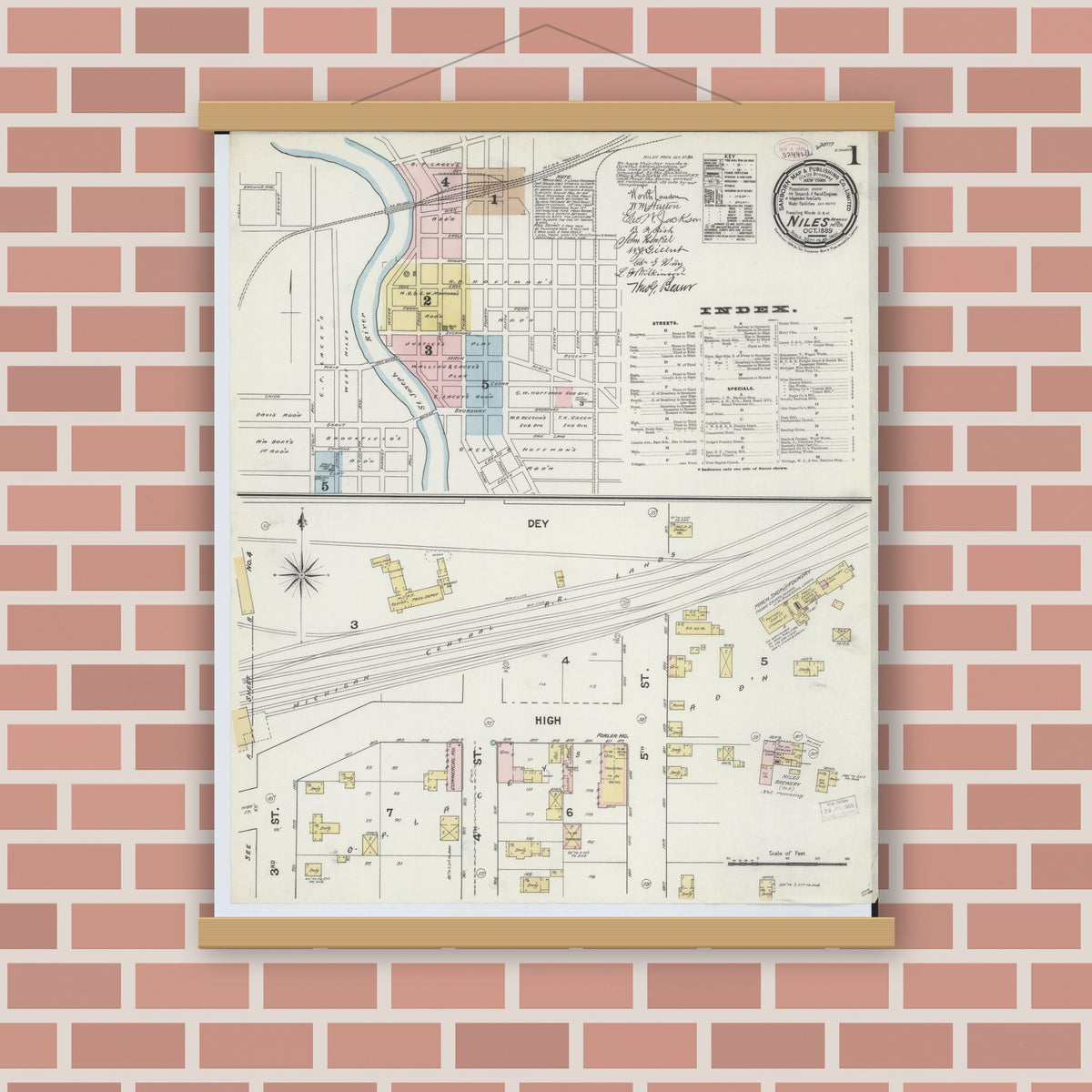 Old map wall art mockup — magnetic wood frame on brick wall — Sanborn Fire Insurance Map from Niles, Berrien County, Michigan (1889), Sheet #0001