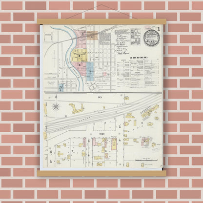 Old map wall art mockup — magnetic wood frame on brick wall — Sanborn Fire Insurance Map from Niles, Berrien County, Michigan (1889), Sheet #0001