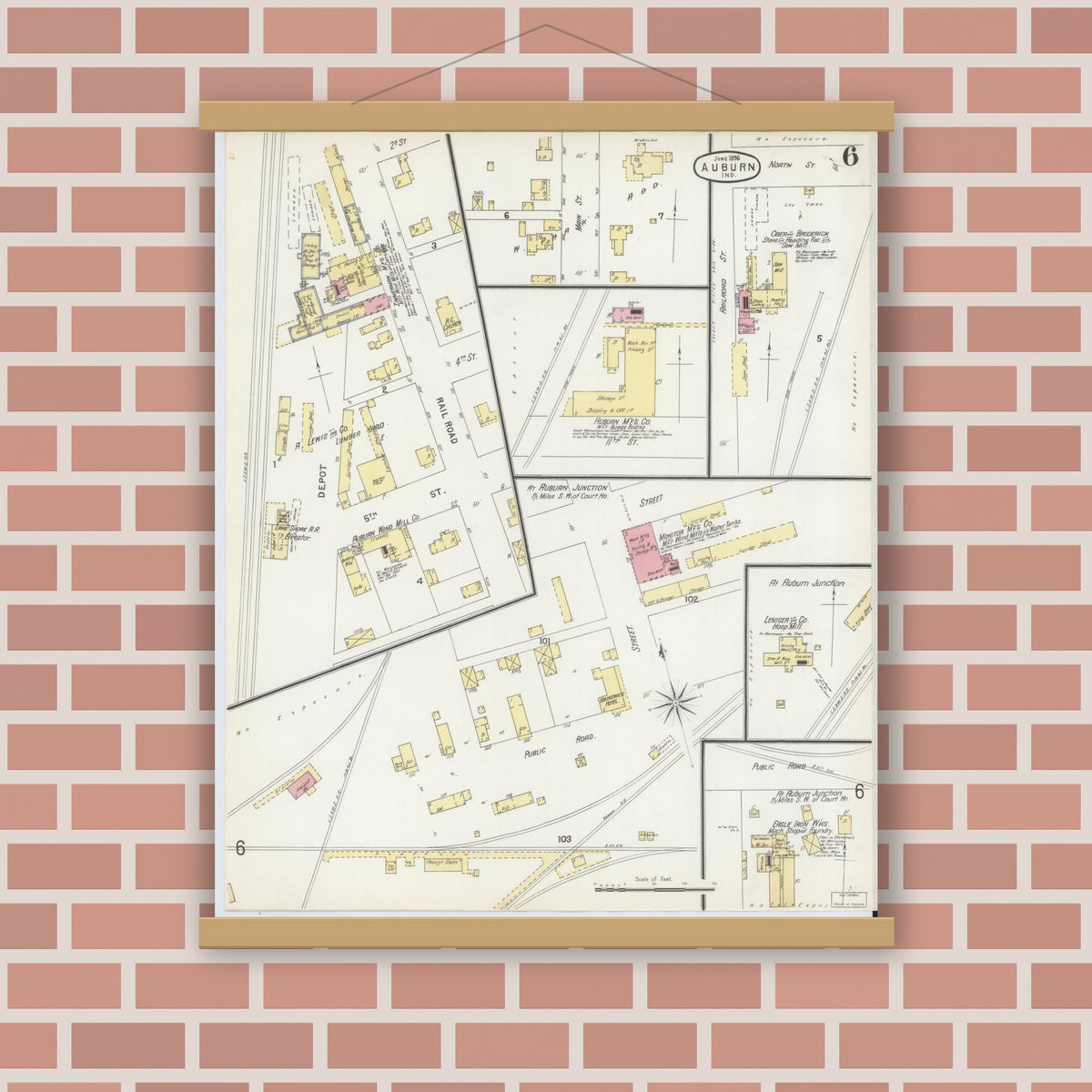 Old map wall art mockup — magnetic wood frame on brick wall — Sanborn Fire Insurance Map from Auburn, De Kalb County, Indiana (1896), Sheet #0006