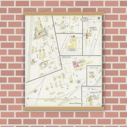 Old map wall art mockup — magnetic wood frame on brick wall — Sanborn Fire Insurance Map from Auburn, De Kalb County, Indiana (1896), Sheet #0006