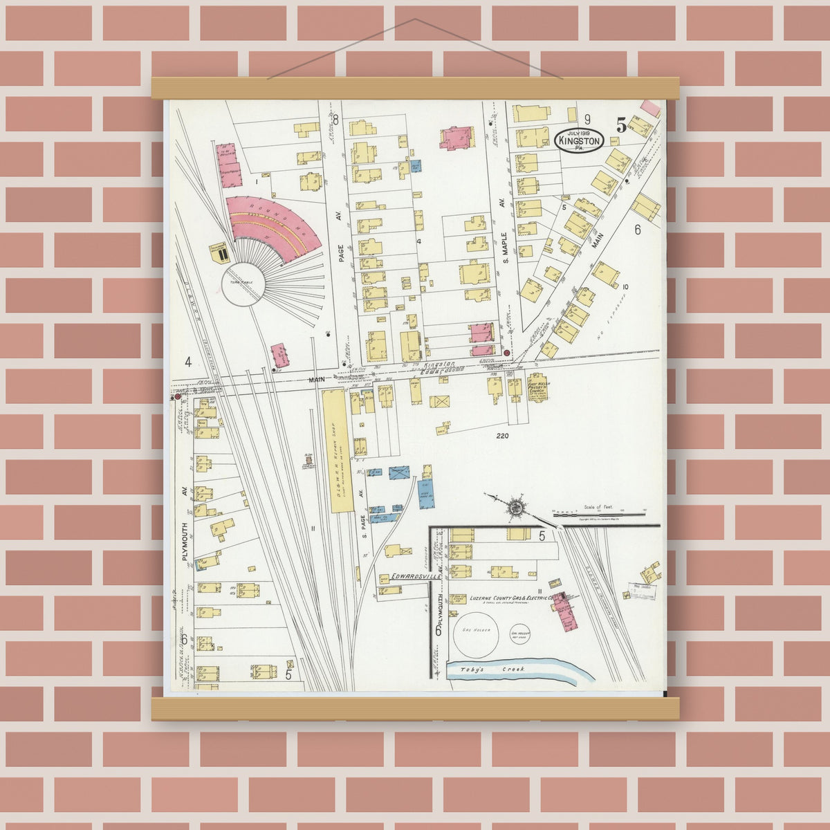 Old map wall art mockup — magnetic wood frame on brick wall — Sanborn Fire Insurance Map from Kingston, Luzerne County, Pennsylvania (1919), Sheet #0005