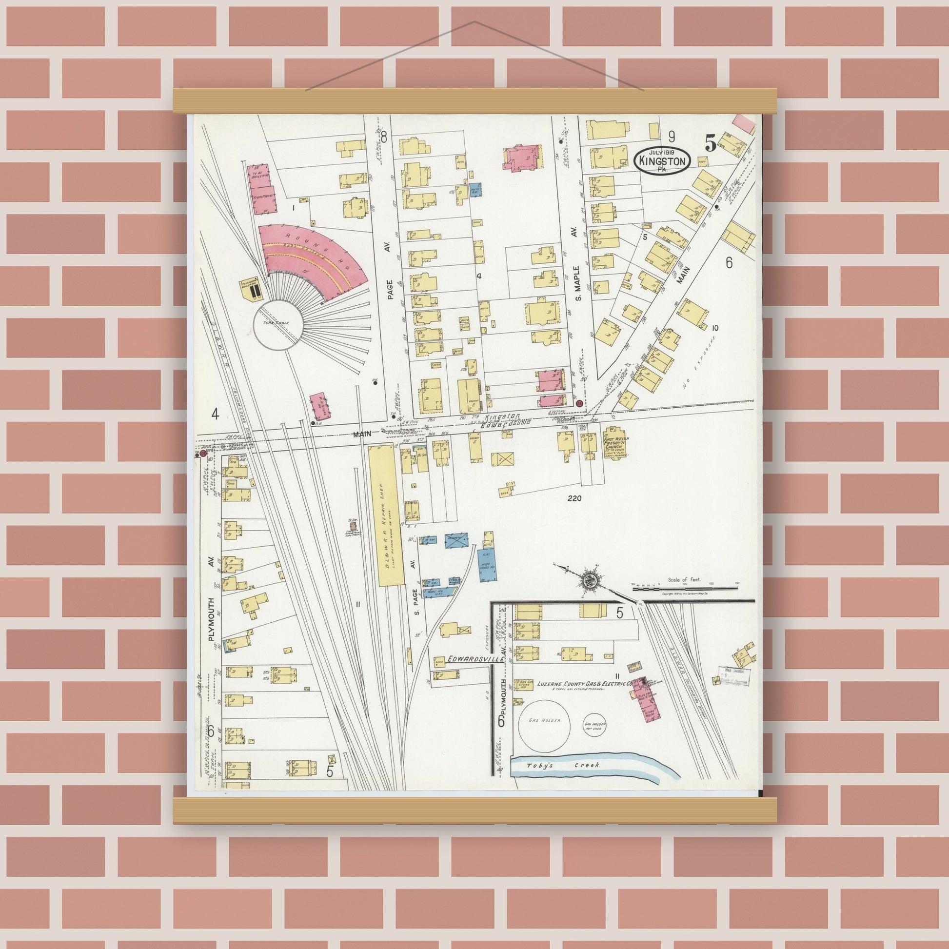 Old map wall art mockup — magnetic wood frame on brick wall — Sanborn Fire Insurance Map from Kingston, Luzerne County, Pennsylvania (1919), Sheet #0005
